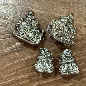 Vintage Christmas Holiday Costume Silver Snowman Sleigh Clip On Earrings X2